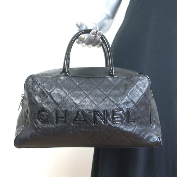 Chanel 2000 Large Logo Bowler Bag Black Quilted Caviar Leather & Patent - Picture 1 of 15